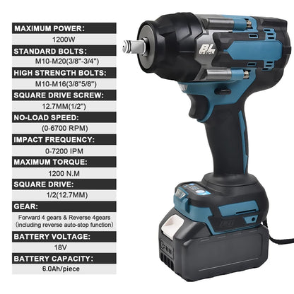 1200N.M Torque Brushless Electric Impact Wrench Cordless Power Tool - Smarsty