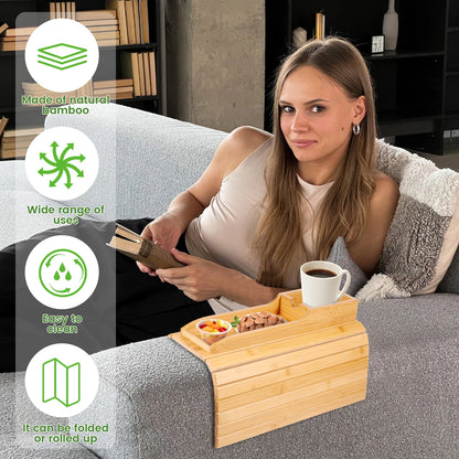 Couch Cup Holder Bamboo Wood Sofa Armrest Tray Foldable Sofa Cup Holder Anti-Slip Couch Arm Cup Holder Sofa Side Storage Tray by Smarsty