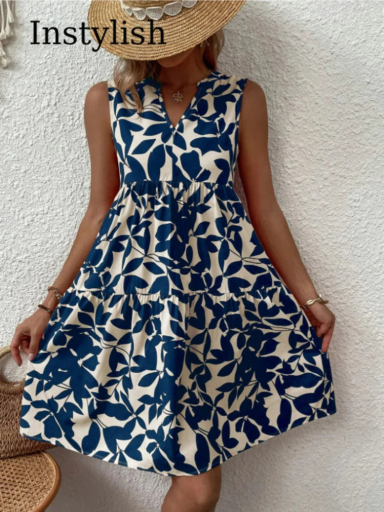 Women Boho Print Mini Dress Summer Elegant Sleeveless V Neck Ruffle A Line Tank Dress Casual Loose Oversize Beach Party Sundress - Smarsty