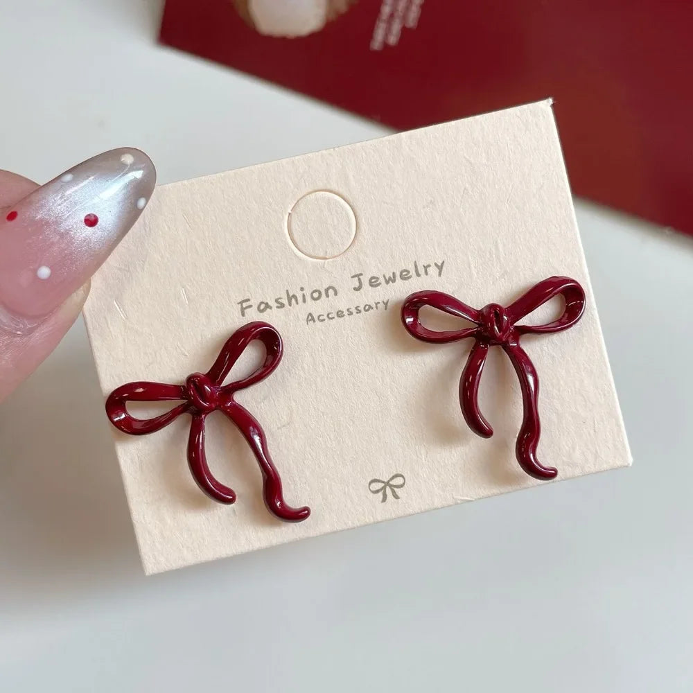 Retro Red Bow Stud Earrings For Women Elegant Lightweight - Smarsty
