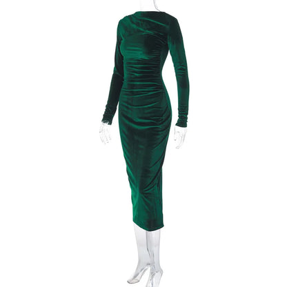 Dulzura 2024 Spring Summer Velvet Long Sleeve Midi Dress For Women Ruched Long Dress Elegant Party Clothes Evening Green Outfits - Smarsty