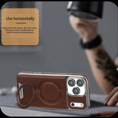 Magnetic Rotat Bracket Luxury Leather Phone Case For iPhone 11 12 13 14 15 16 17 Pro Max Plus Wireless Charging Shockproof Cover