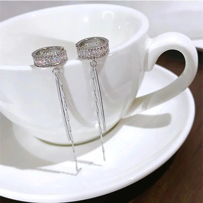 Zircon C Shape Long Tassel Ear Cuffs No Piercing Earrings - Smarsty