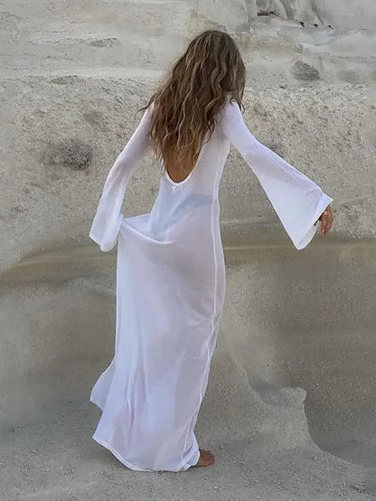White Backless See-through Long Dress Women's Summer Slim High Waist Spliced Long Sleeve Solid Color Beach Long Dress - Smarsty