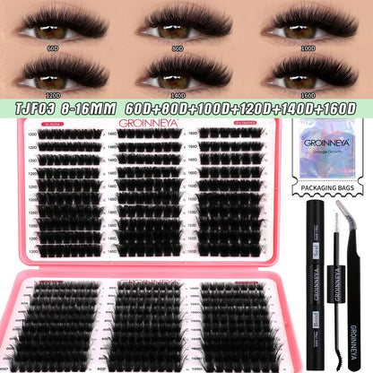 GROINNEYA DIY Lash Clusters Kit Mixed Tray Eyelash Extension Full Set Individual Lashes with Lash Bond&Seal and Tweezers Tool - Smarsty