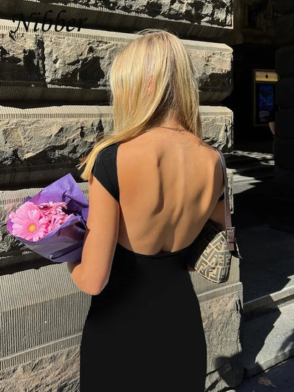 Nibber Solid Sexy Backless Maxi Dress Women Elegant Elastic Slim Short Sleeve Long dresses Female Bodycon Streetwear Clothing - Smarsty