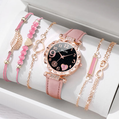 Fashion Heart Dial Women's Watch Set with Leather Band - Smarsty