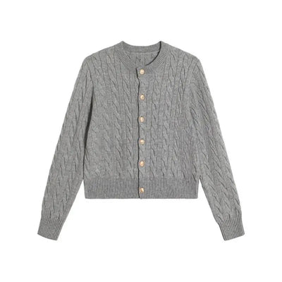 2024 Vintage Long Sleeve Cardigan Women Sweater O-neck Elegant Knitted Top Fashion Autumn Grey Knitwear - Smarsty