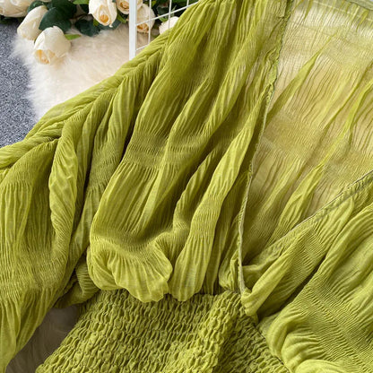 Women Sexy Chiffon Short Blouse Female See Through Super Long Sleeve Blusas Purple/Green/Black/White Folds Party Tops 2022 New - Smarsty