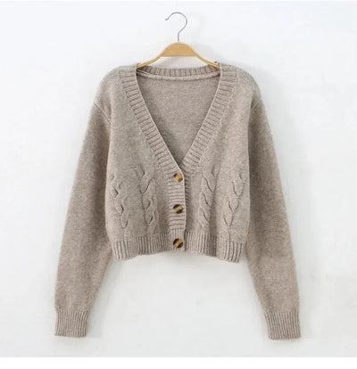 V Neck Cropped Cardigan Women Long Sleeve Twist Knitted Sweater Coats Autumn Winter Keep Warm Korean Fashion Jacket Cardigan - Smarsty