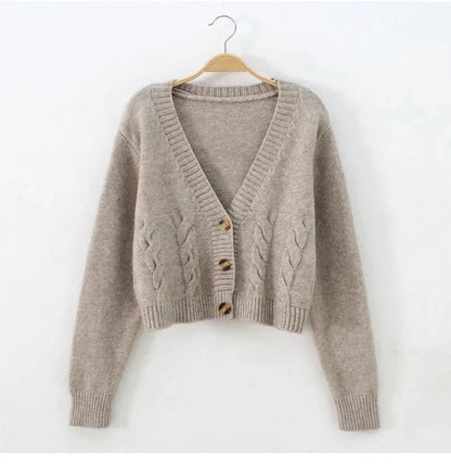 V Neck Cropped Cardigan Women Long Sleeve Twist Knitted Sweater Coats Autumn Winter Keep Warm Korean Fashion Jacket Cardigan - Smarsty