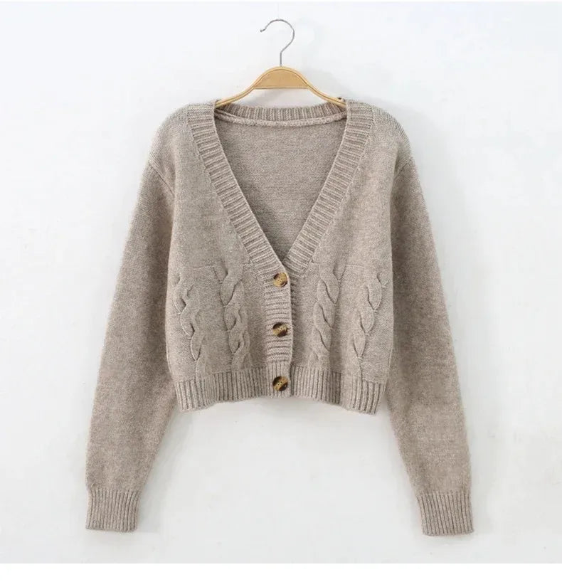V Neck Cropped Cardigan Women Long Sleeve Twist Knitted Sweater Coats Autumn Winter Keep Warm Korean Fashion Jacket Cardigan - Smarsty