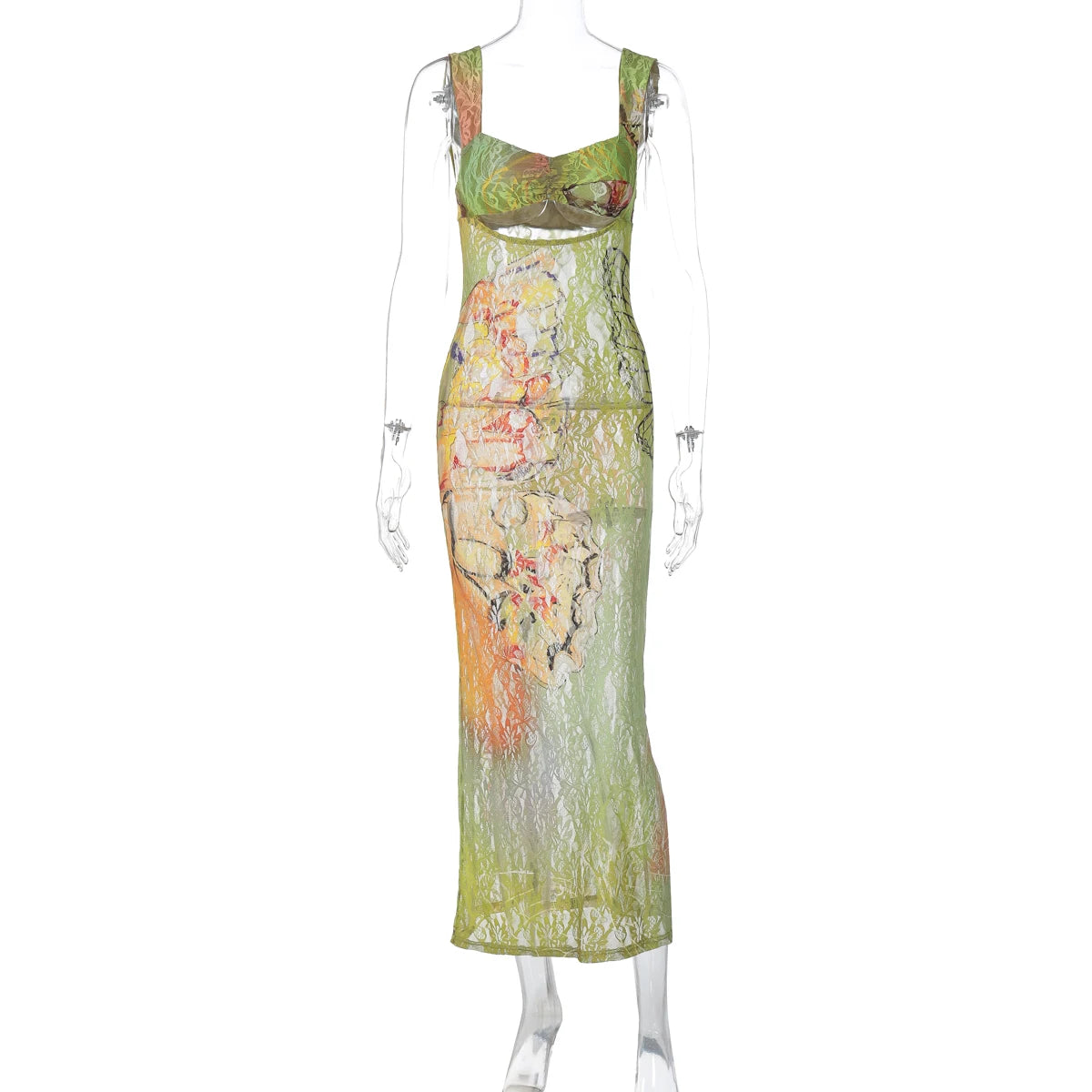 Dulzura Lace Print Cut Out Maxi Dress Bodycon Sexy Party Club Y2K Outfits Streetwear Bandage Dress Vestido Classic Prom
