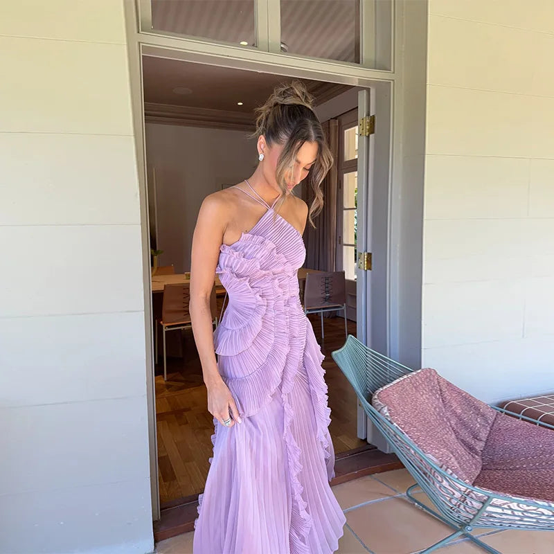 Elegant Purple Halter A Line Prom Gowns Ruffles Tiered Backless Party Gown Summer Vacation Chiffon Long Evening Dress