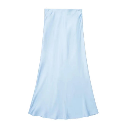TRAFZA 2024 Y2K Casual Women Long Skirt Spring Elastic High Waisted A-Line Casual Female Satin Skirts High Street Lady Skirts - Smarsty