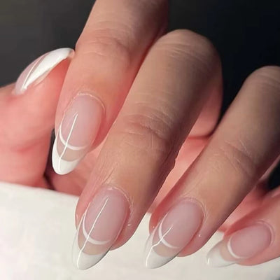 24PCS French Almond Fake Nails with Pearl Trim - Smarsty