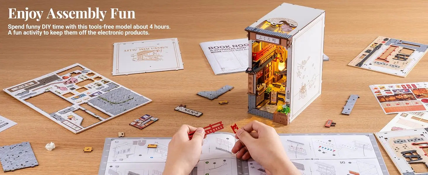 Robotime Sakura Wine Alley DIY Booknook with Lights DIY Miniature Dolls House Kit 3D Wooden Puzzle Bookend Bookshelf Decor Gift by Smarsty