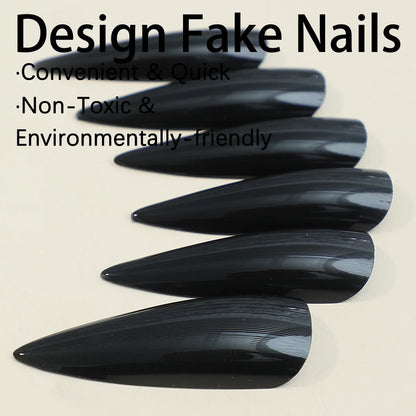 Extra Long Stiletto Black Full Cover Fake Nails - Smarsty