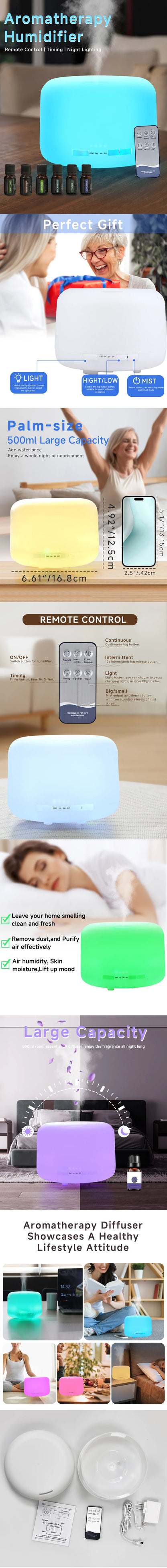 Quiet Aroma Diffuser 500ML Quiet Aroma Diffuser Remote Control Humidifier with LED Light and Auto Off for Office Home Bedroom