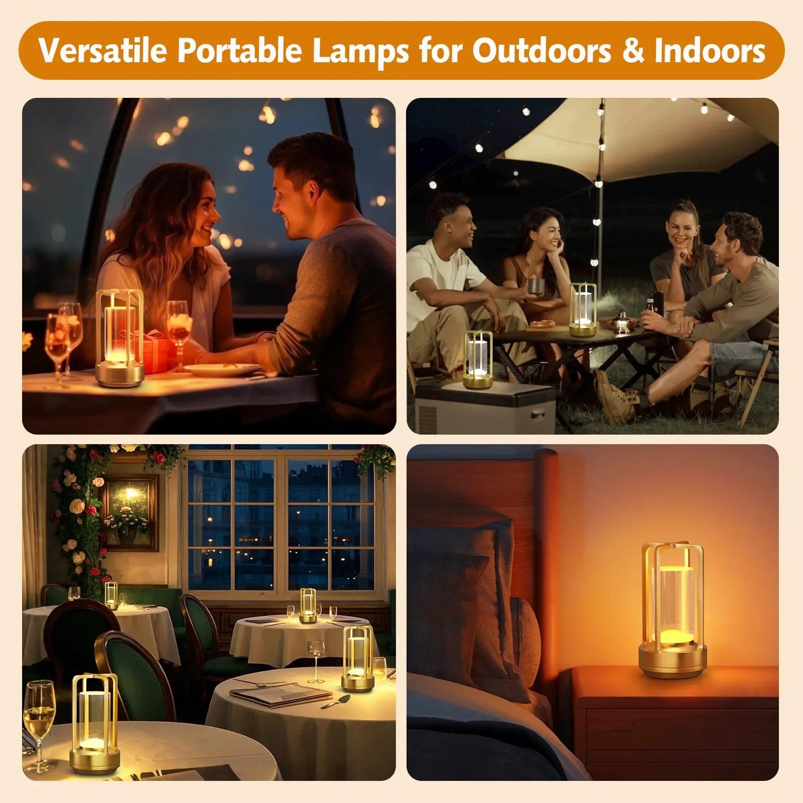 Cordless Rechargeable Portable Table Lamp - 3 Color Dimmable Metal Light for Home & Outdoor