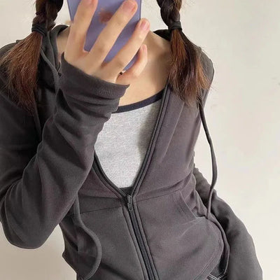 Lucyever Cropped Hooded Zip-Up Jacket Women Autumn New Slim Long Sleeve Y2K Sweatshirts Female Solid Streetwear Sports Hoodies - Smarsty