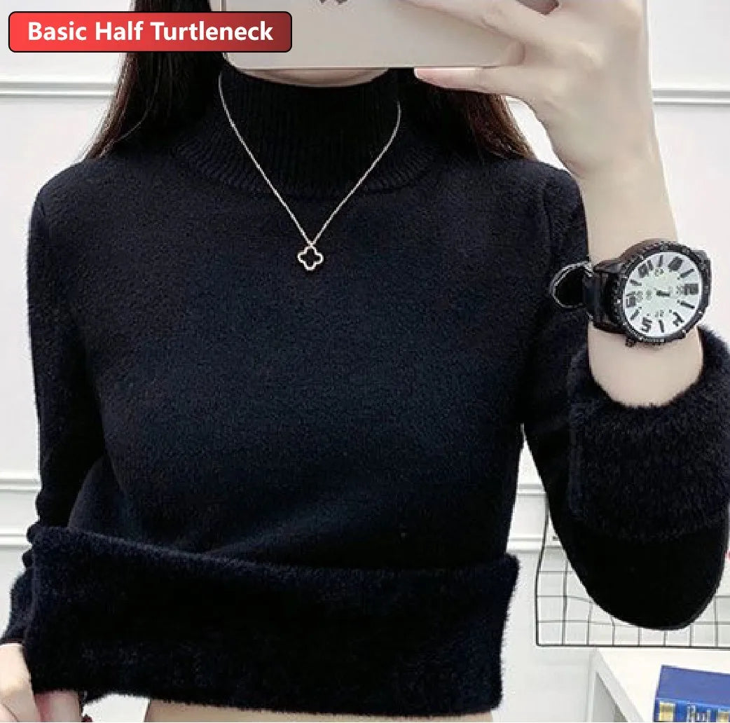 Turtleneck Winter Sweater Women Elegant Thicken Velvet Lined Warm Sueter Knitted Pullover Slim Tops Jersey Knitwear Jumper New - Smarsty