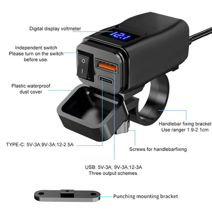PD QC3.0 Motorcycle USB Fast Charger 60W Handlebar Dual USB Socket with Switch Voltmeter Waterproof 12V Power Supply Adapter - Smarsty