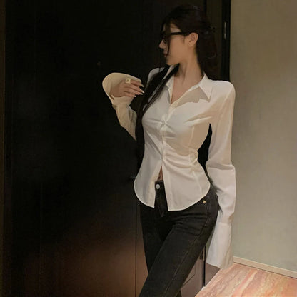 Gidyq Fashion Women Bandage Shirts Korean All Match Streetwear Female Slim Blouse Spring Casual White Bell Sleeve Shirt New - Smarsty