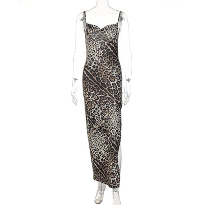 Hugcitar Leopard Print Swing Collar Sleeveless Sexy Maxi Slit Prom Dress Summer Women Fashion Y2K Clothes Party Beach Vacation - Smarsty