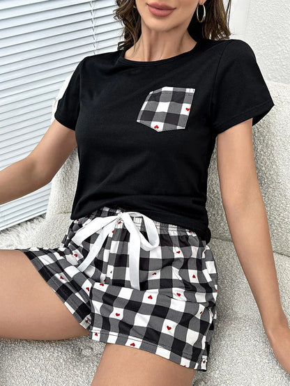 Summer Women's Pajamas Set Screw Neck Tee & Shorts Sleepwear 2 Pieces Heart Print Nightwear Elastic Drawstring Homewear Cloth - Smarsty