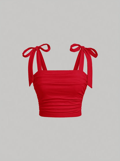 Solid Tie Shoulder Ruched Wide Strap Slim Fit Crop Top Women Clothing Summer 2025 Y2K Clothes Pink Backless Camis Top Streetwear