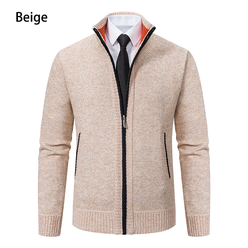 Autumn And Winter New Jersey Men's Casual Sports Coat Solid Color Stand Collar Wweater Grab Fleece Warm Zipper Cardigan - Smarsty