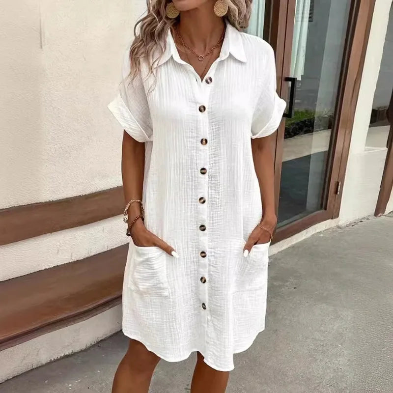 Women's Fashion Summer Minimalist V-neck Button Up Dress Woman Cotton Linen White Short Sleeved Pocket Casual Loose Shirt Dress - Smarsty