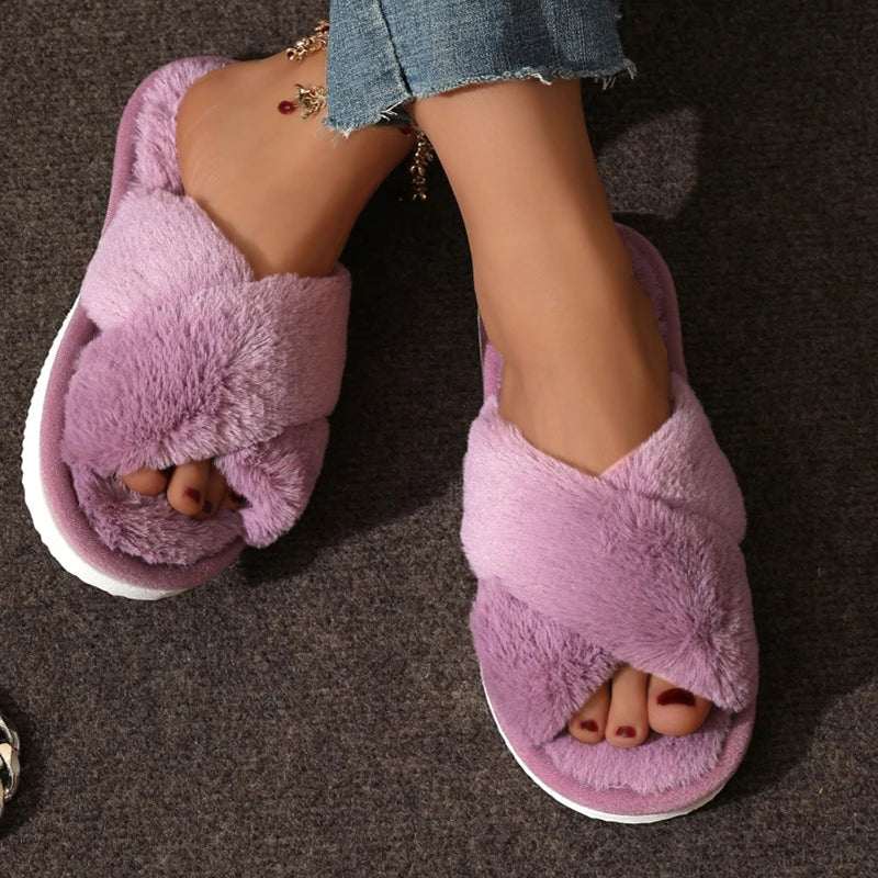 Cross Warm Fluffy Furry Slippers Women Lightweight Flat Heels Fur Slides Woman Autumn Winter Open Toe Non Slip Home Floor Shoes