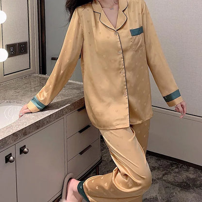 Top Autumn New Ice Silk Women Pajama Lapel Button Cardigan Outfits for Women 2 Piece Set Fashion Printing Set Clothes for Women - Smarsty