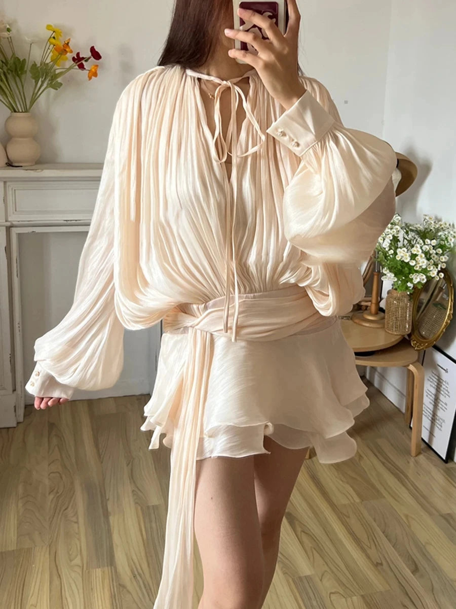 TWOTWINSTYLE Solid Spliced Lace Up Loose Dresses For Women O Neck Long Sleeve High Waist Temperament Dress Female Fashion New - Smarsty