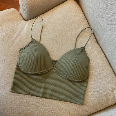 Women Crop Tops Sexy Solid Color Camisole Ice Silk Tube Top Seamless Sports Tank Top Wireless Underwear Padded Bra Bralette Vest - Smarsty