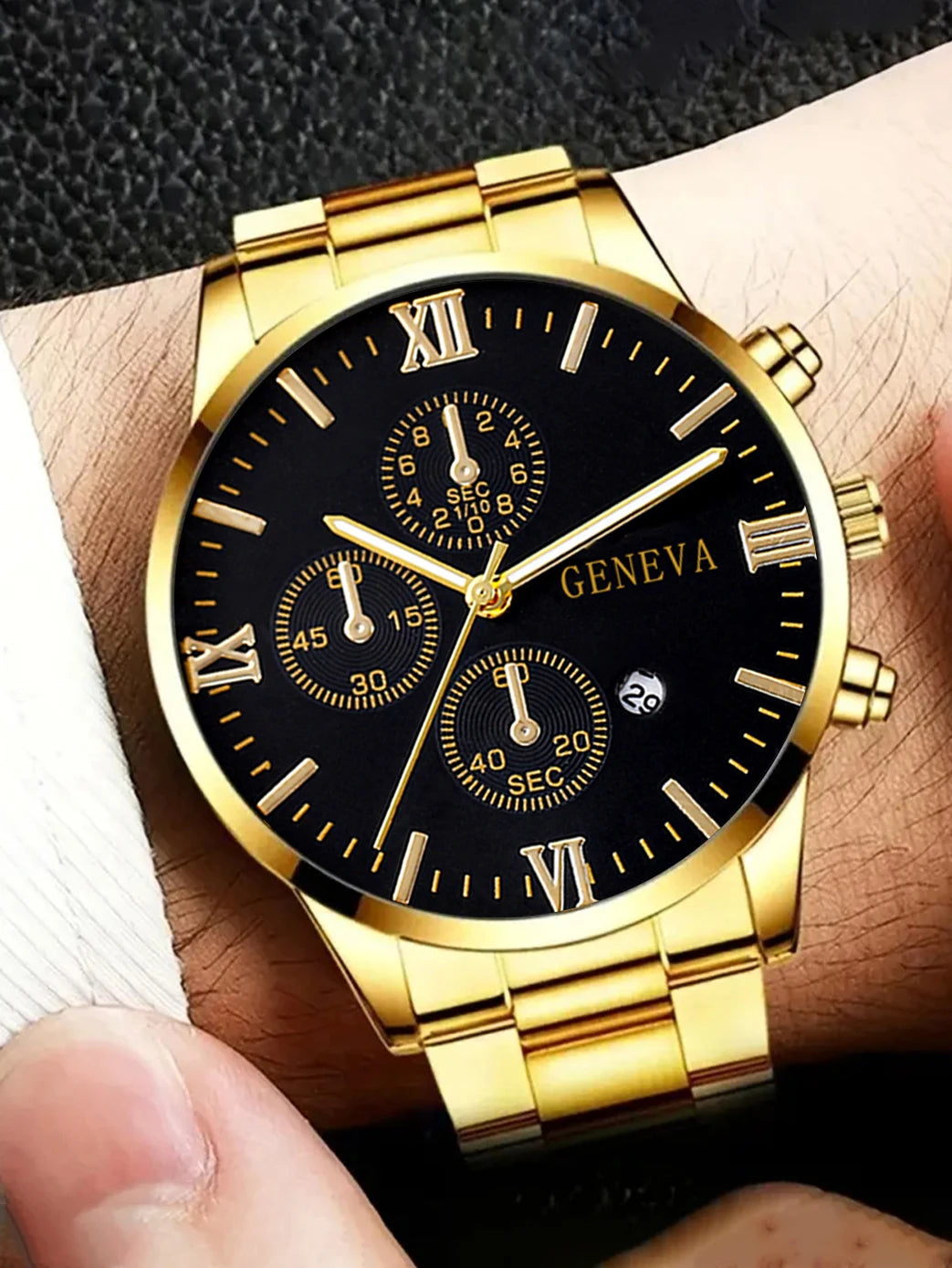 Gold Alloy Men's Quartz Watch and Cross Jewelry Set - Smarsty