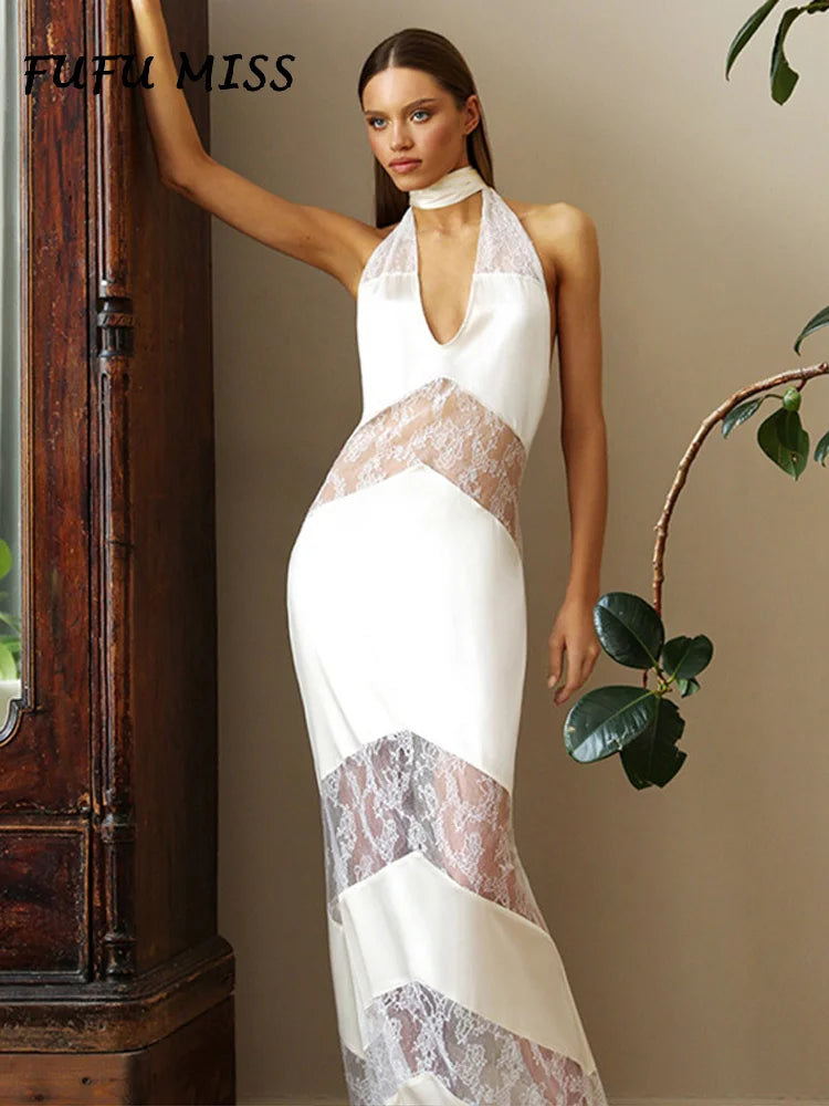Elegant Lace Halter Dress Women Slim V-neck Backless Evening Long Dresses Woman Sleeveless Vintage Party Robe Lady Spring Summer - Smarsty