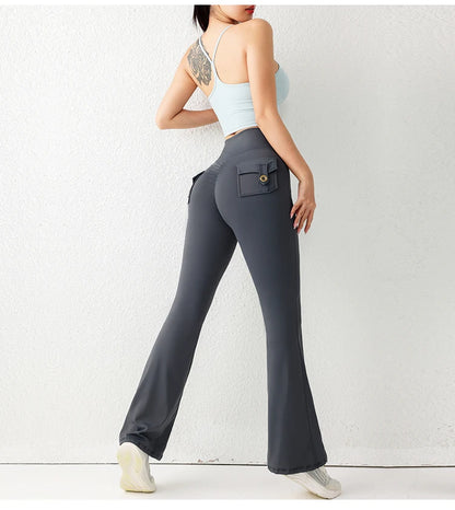 Solid Color Butt Lifting Gym Fitness Pants High Waist Flared Yoga Leggings for Women - Smarsty