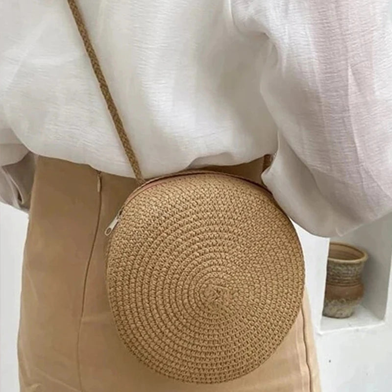 Round Straw Bag For Women Woven Handmade Shoulder Bag - Smarsty