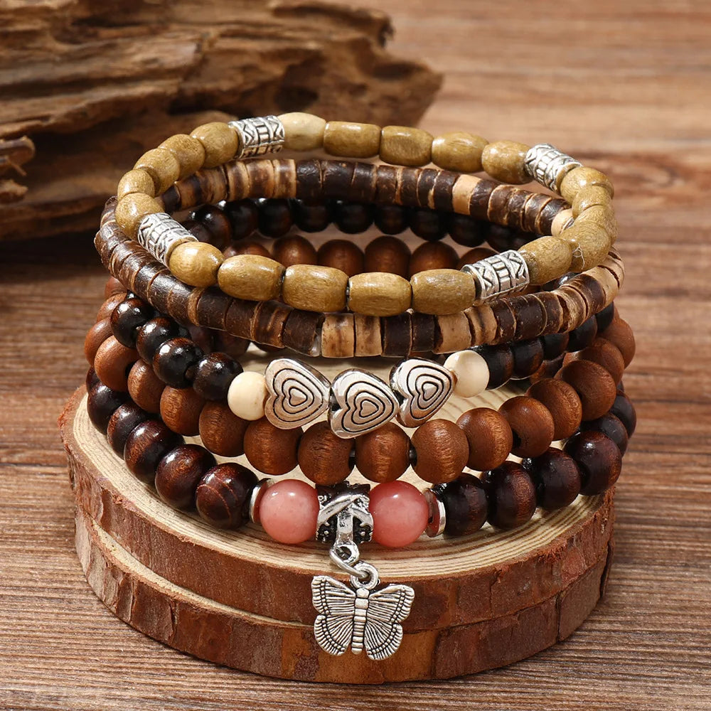 Ethnic Wood Bead Cactus Charms Bracelets for Women - Smarsty
