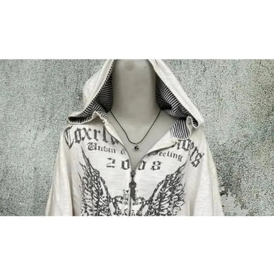 Vintage Sweatshirts 2025 Women's Clothes White Print Tunic Hooded Y2k Coat Streetwear Fashion Casual Hoodies Tops Ropa Mujer - Smarsty