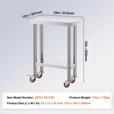 SucceBuy Stainless Steel Kitchen Worktable shelves Commercial Work Bench Table with Caster Wheels for Home Restaurant Storage - Smarsty