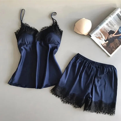 Women Pajama Suit Fashion V-Neck Lace Sexy Lingerie Pyjamas Sleep Shorts Set Sleepwear New - Smarsty
