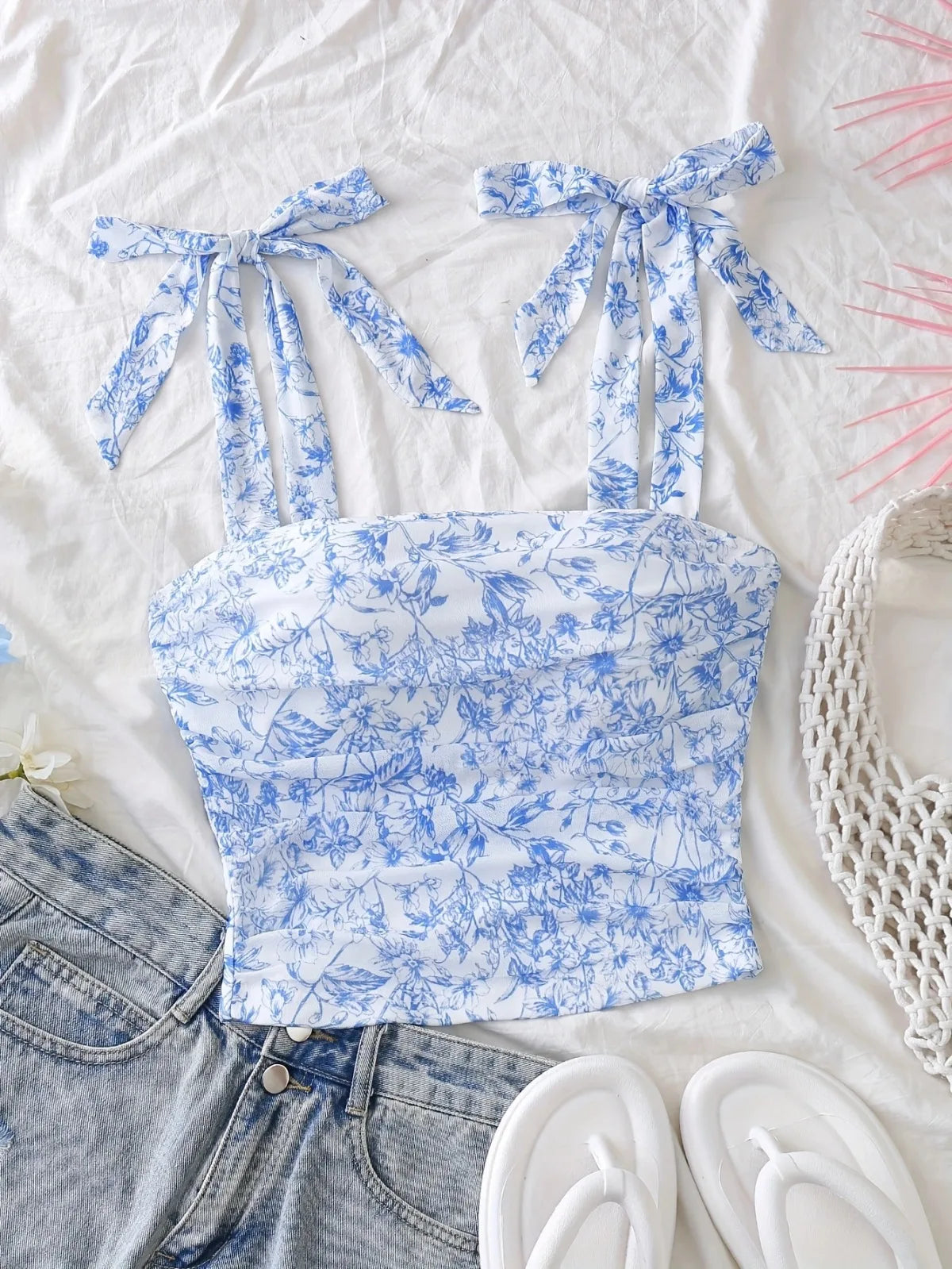 Solid Tie Shoulder Ruched Wide Strap Slim Fit Crop Top Women Clothing Summer 2025 Y2K Clothes Pink Backless Camis Top Streetwear