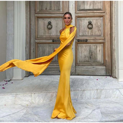 Sexy Satin Ribbon Party Dress Women Elegant Halter Backless Off Shoulder Sleeveless Female Dresses 2024 Summer Solid Robe Gown - Smarsty