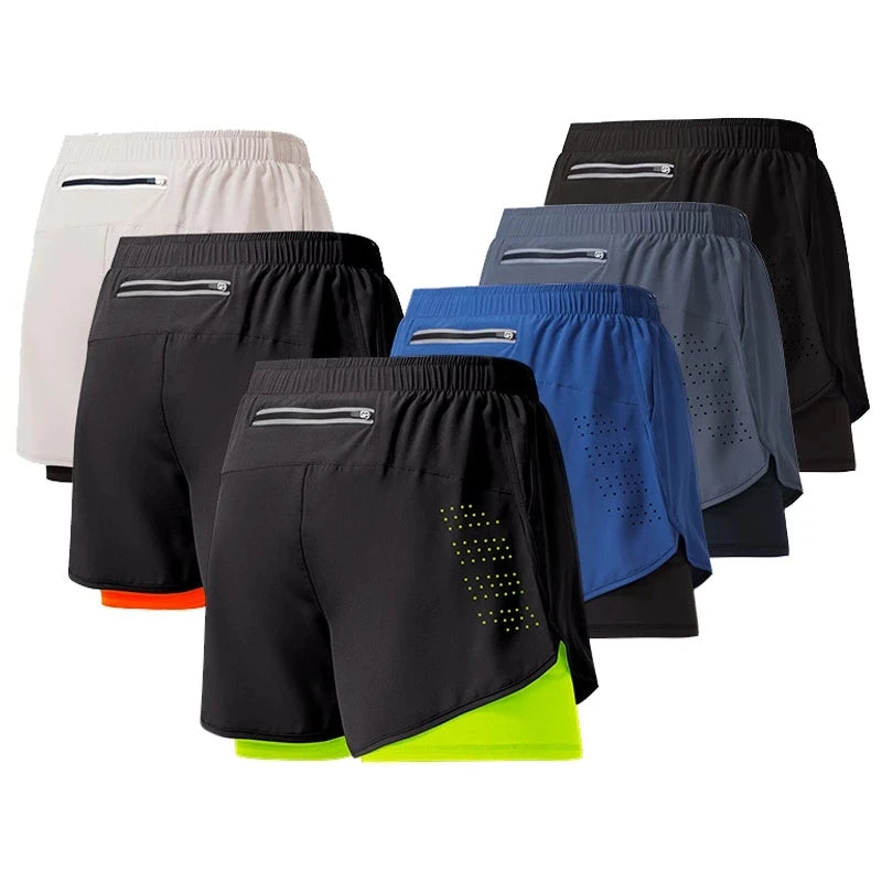 Men's Running Shorts Quick-drying Fitness Black Double Layer Shorts Men New Sport Workout Training Bodybuilding Short Pants - Smarsty
