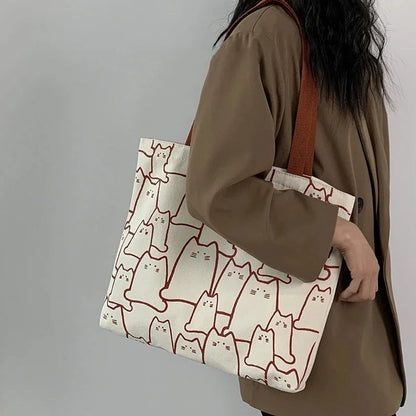 Canvas Cat Tote Bag For Women Zipper Shoulder Designer - Smarsty