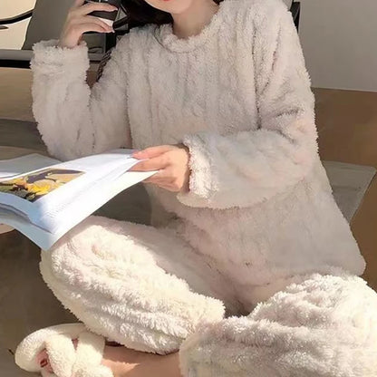 Autumn Women Solid Warm 2 Piece Sets Thicken Velvet Ribbed Fleece Set Pullover And Pants Women Casual Pajama Sets 2024 - Smarsty